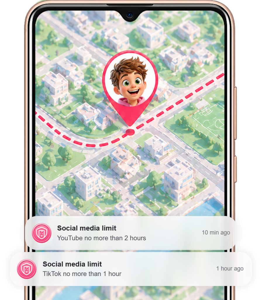 Kid Security app on a phone: child location on the map with social media limit notifications